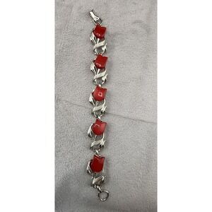 Vintage Star Bracelet Thermoset Red Signed Silver Tone 7"